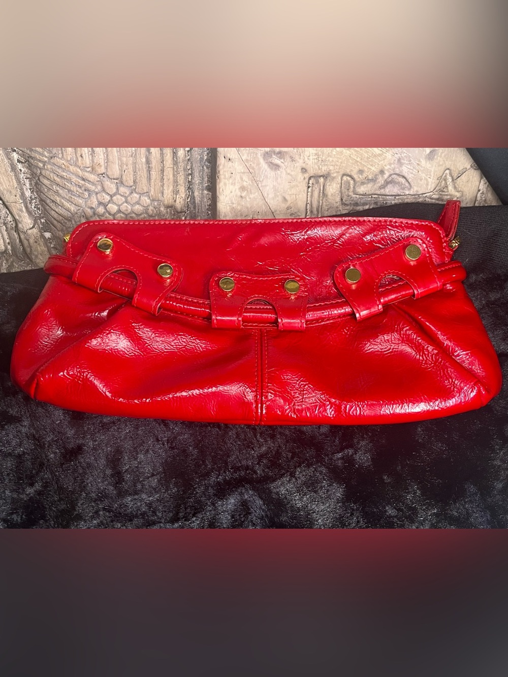 Vintage Carlisle Red Patent Leather Belted Clutch w Gold Studs Zip Closure